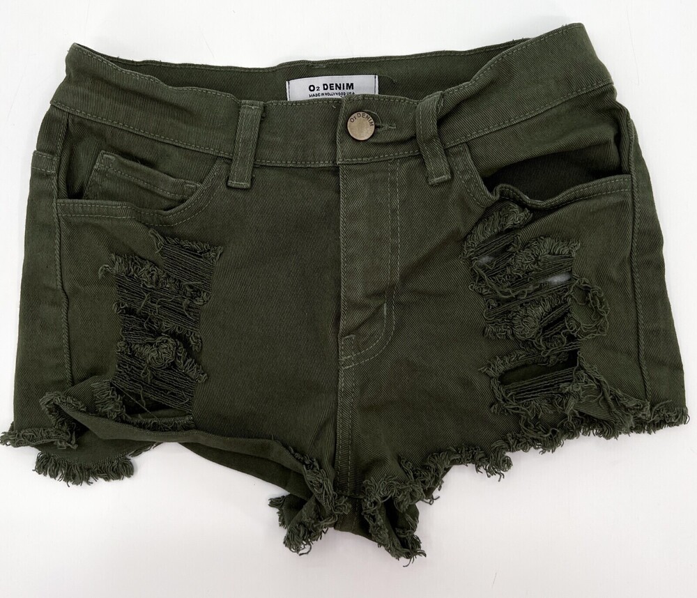 O2 Shorts Womens Small Green Cutoff Distressed Ripped Stretch Hot Pants